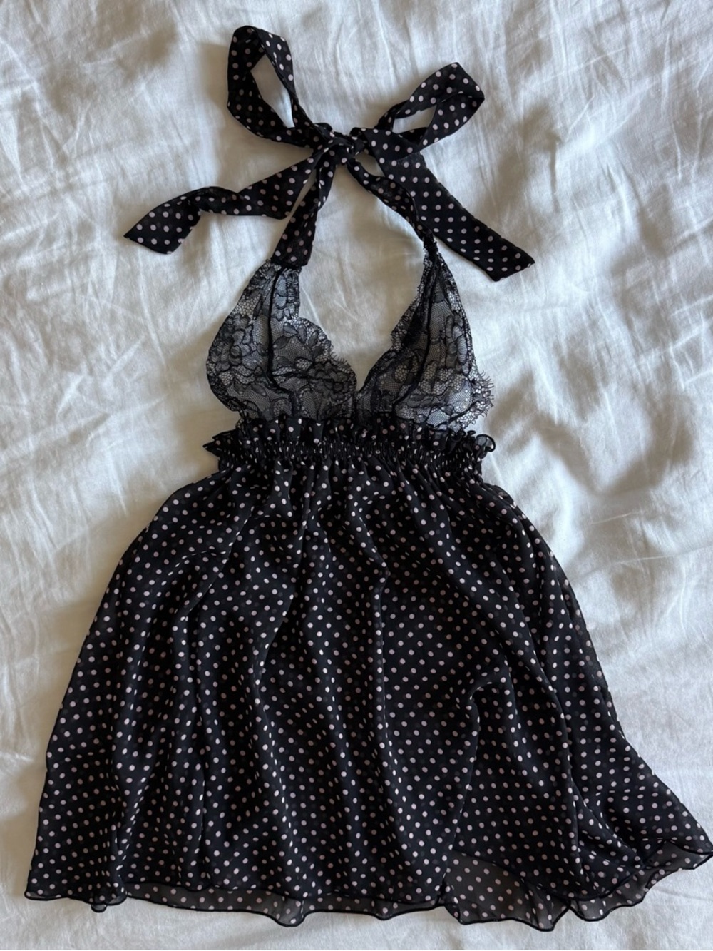 Victoria's Secret Sexy Little Things Black and Pink Polka Dot Chemise + Panty